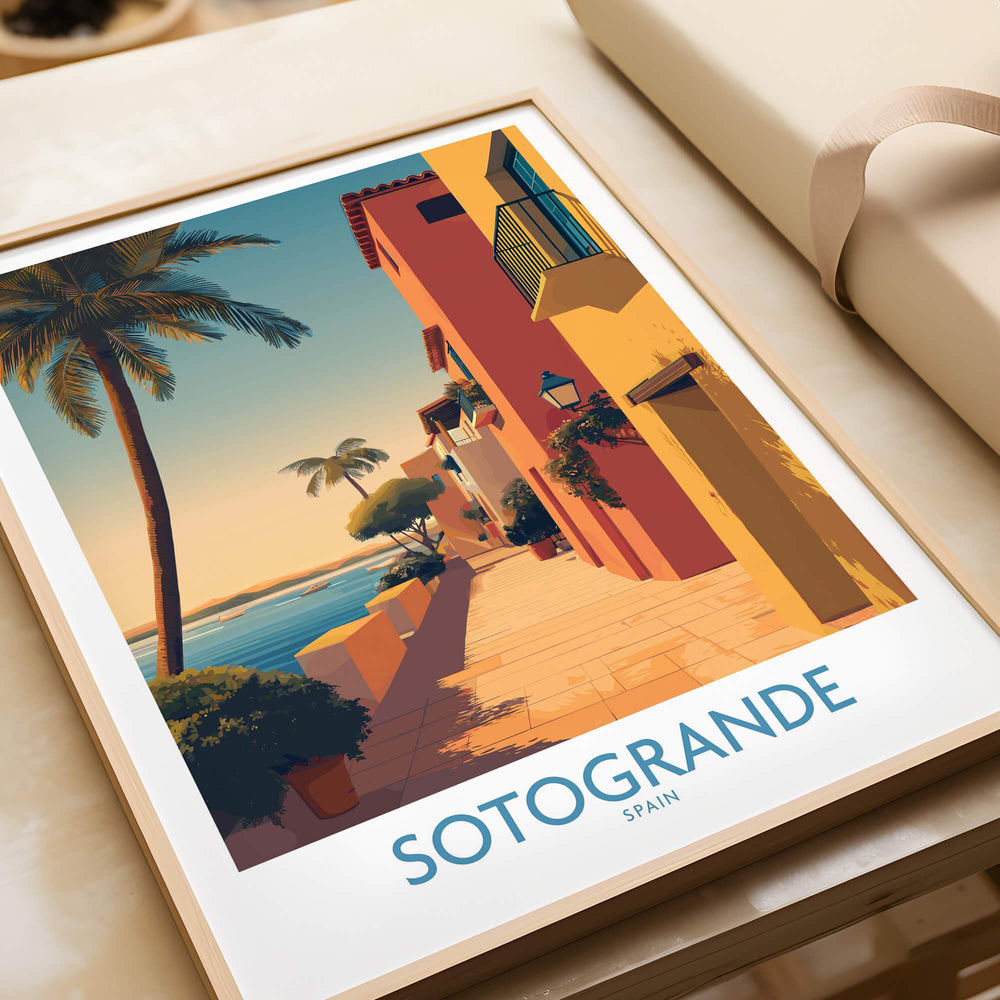 Sotogrande Spain Poster | Sunny Andalusian Village Scene Canvas Print featuring vibrant coastal views and palm trees.