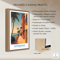 Sotogrande Spain Poster | Sunny Andalusian Village Scene Canvas Print framed on a wooden wall featuring vibrant colors.