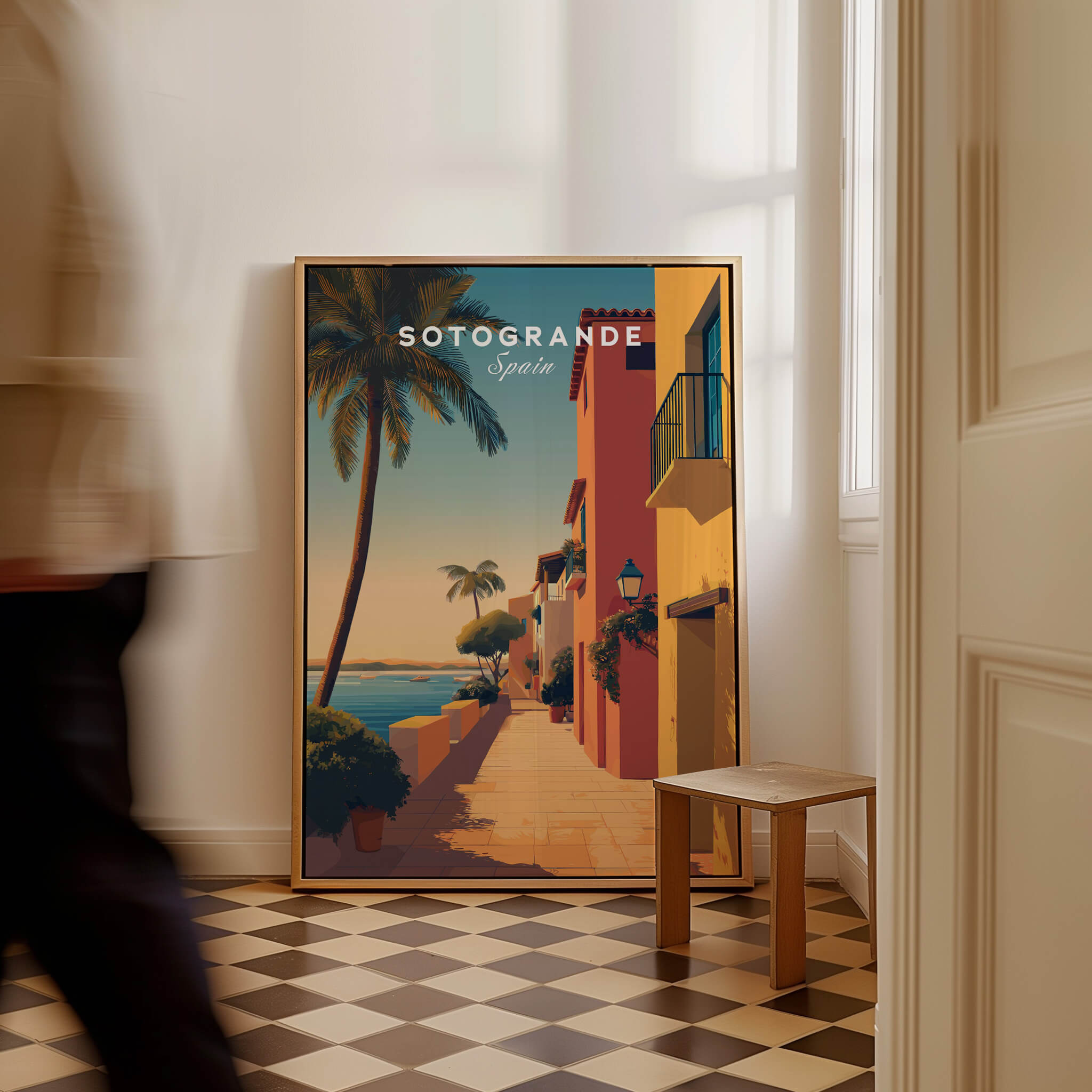 Sotogrande Spain Wall Art Print | Coastal Palm Tree Promenade Travel Poster displayed in a stylish interior setting.