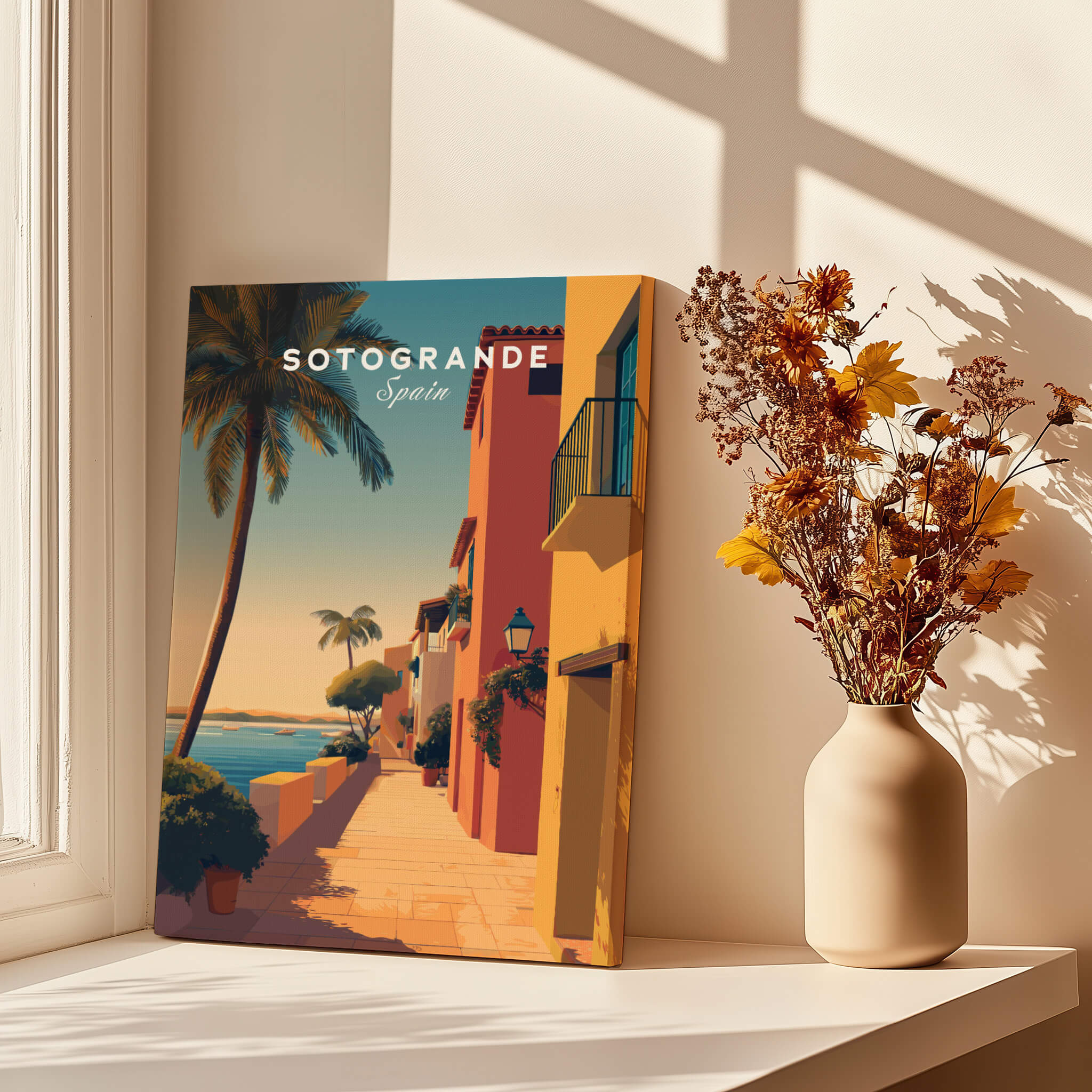 Sotogrande Spain Wall Art Print | Coastal Palm Tree Promenade Travel Poster displayed by a sunlit window with flowers.