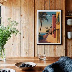 Sotogrande Spain Wall Art Print | Coastal Palm Tree Promenade Travel Poster displayed in a cozy interior setting.