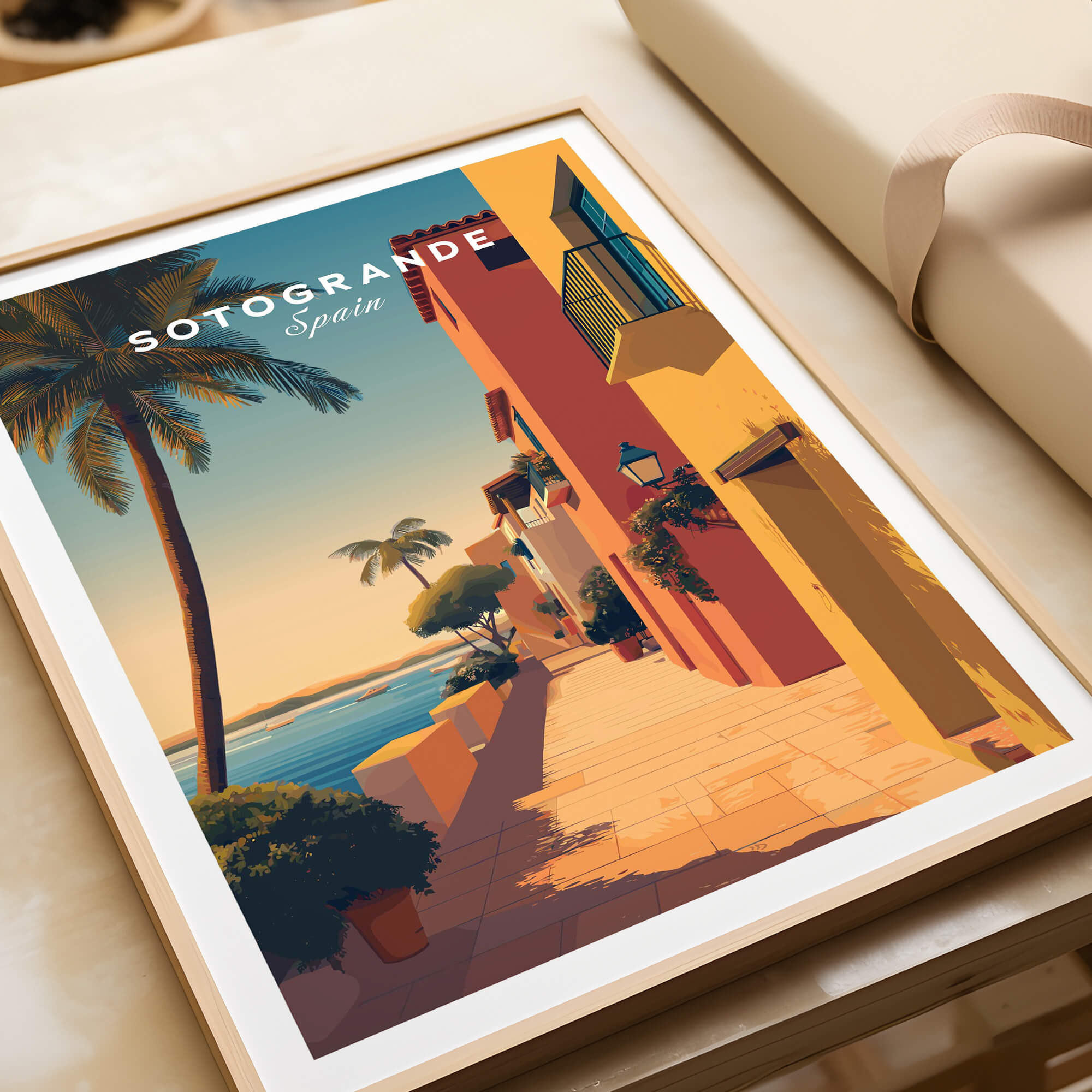 Sotogrande Spain Wall Art Print | Coastal Palm Tree Promenade Travel Poster framed on a table with a scenic view.