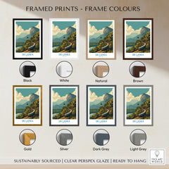 Sri Lanka Canvas Print | Lush Tea Plantation Railway Scene Poster framed print color options including Black, White, Gold and more.