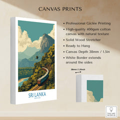 Sri Lanka Canvas Print | Lush Tea Plantation Railway Scene Poster showcasing a vintage train in lush green mountains.