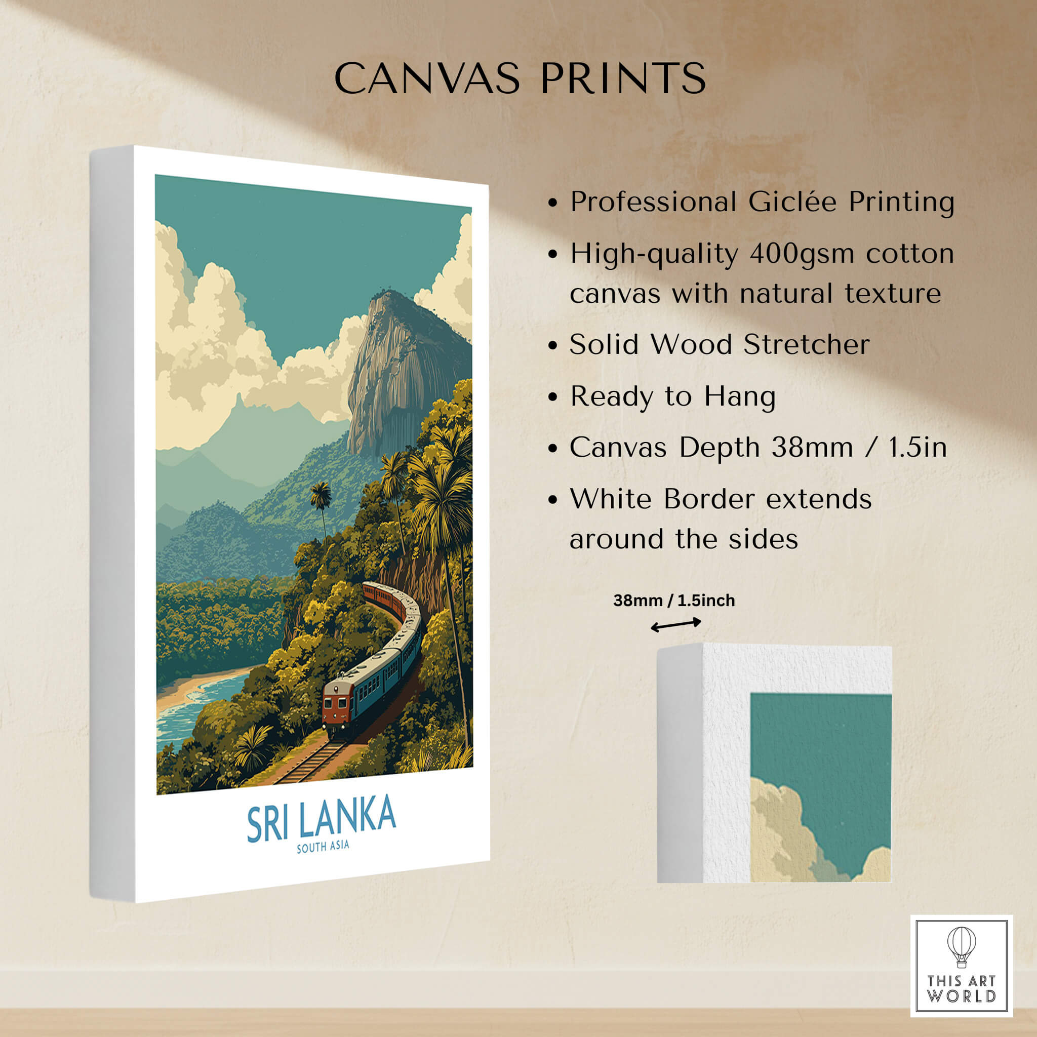 Sri Lanka Canvas Print | Lush Tea Plantation Railway Scene Poster showcasing a vintage train in lush green mountains.