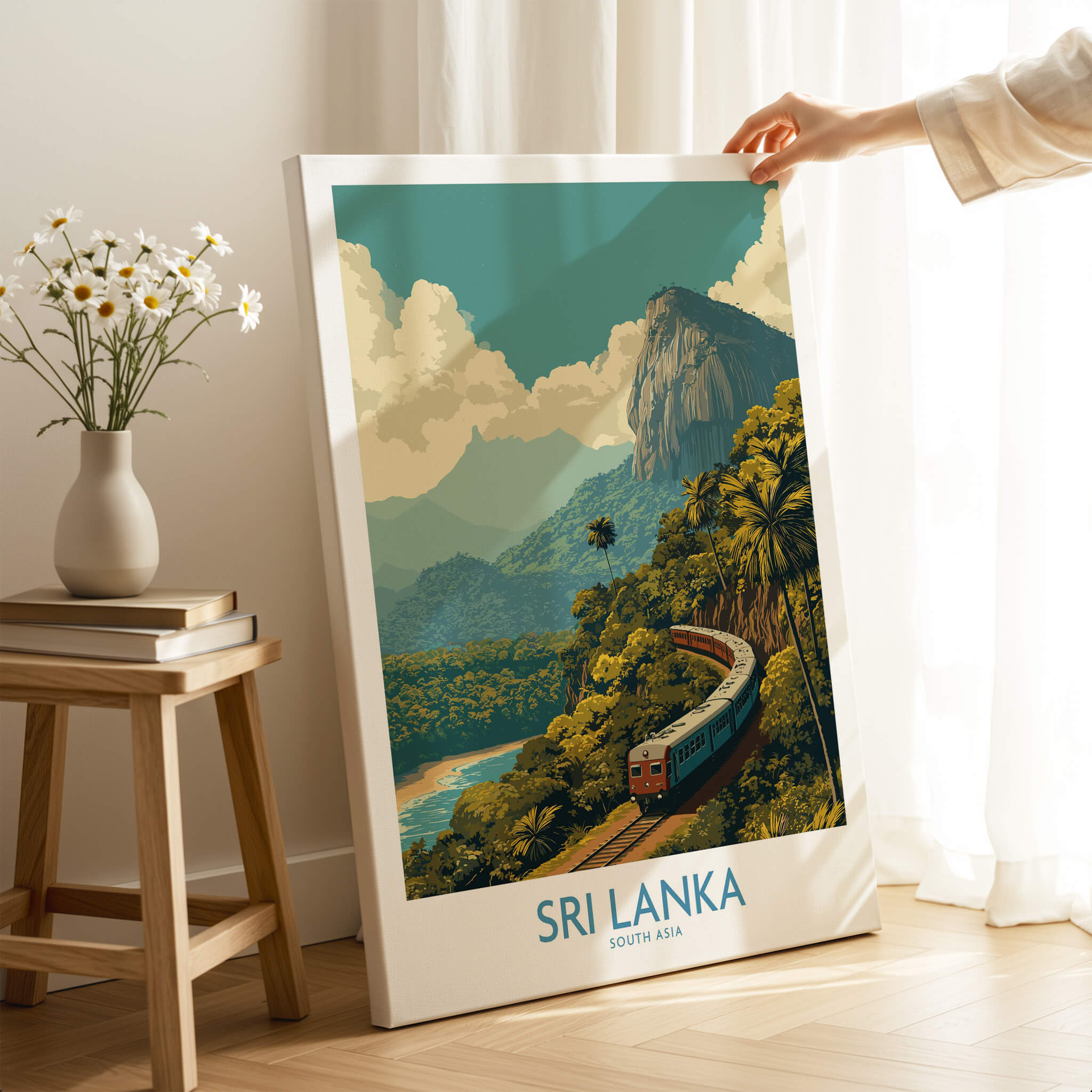 Sri Lanka Canvas Print | Lush Tea Plantation Railway Scene Poster showcasing a vintage train in the lush highlands.