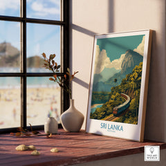 Sri Lanka Canvas Print | Lush Tea Plantation Railway Scene Poster displayed in a cozy interior with a scenic backdrop.