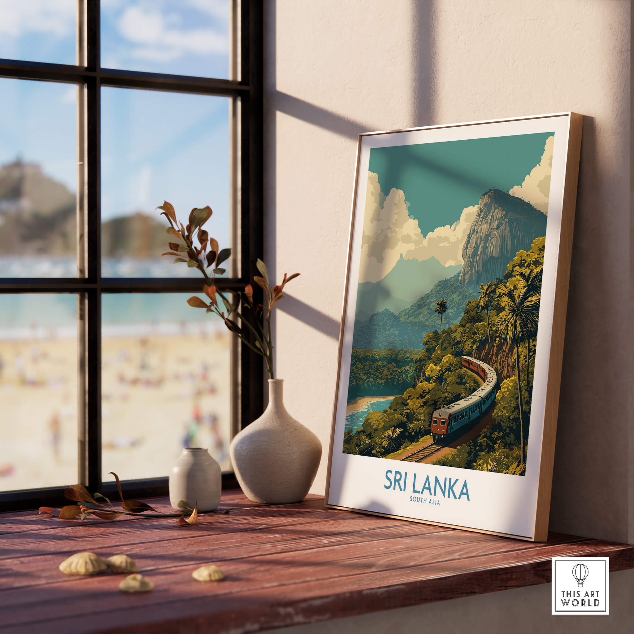 Sri Lanka Canvas Print | Lush Tea Plantation Railway Scene Poster displayed in a cozy interior with a scenic backdrop.