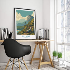 Sri Lanka Canvas Print | Lush Tea Plantation Railway Scene Poster in a modern workspace, showcasing vibrant scenery.