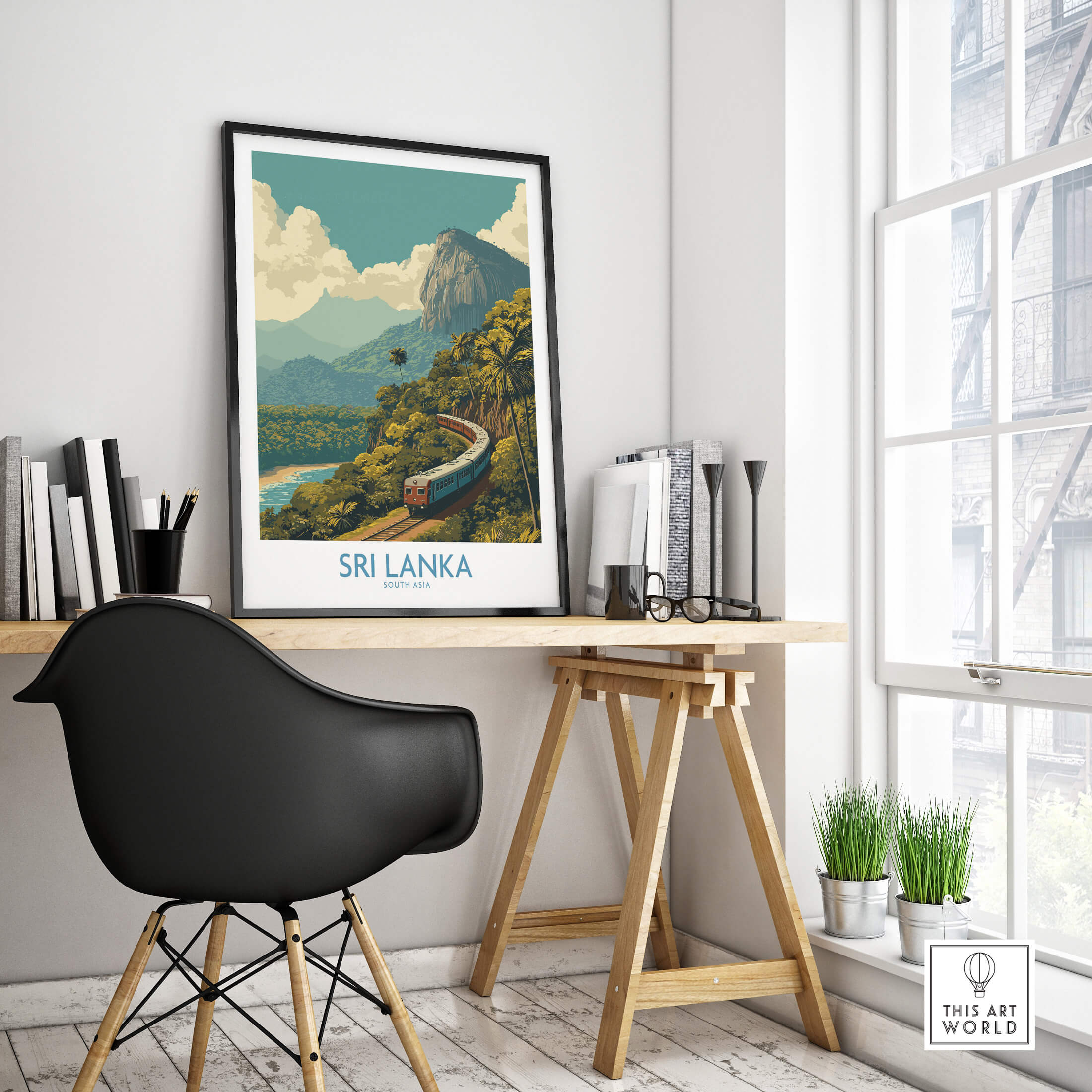 Sri Lanka Canvas Print | Lush Tea Plantation Railway Scene Poster in a modern workspace, showcasing vibrant scenery.