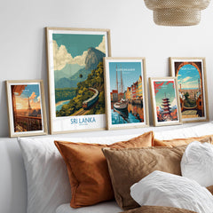 Sri Lanka Canvas Print | Lush Tea Plantation Railway Scene Poster displayed among other travel posters on a stylish shelf.