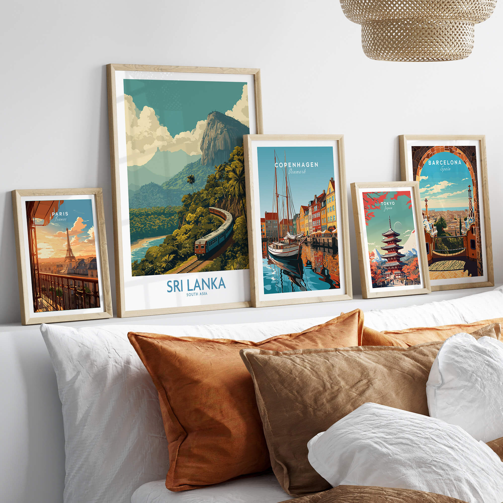 Sri Lanka Canvas Print | Lush Tea Plantation Railway Scene Poster displayed among other travel posters on a stylish shelf.