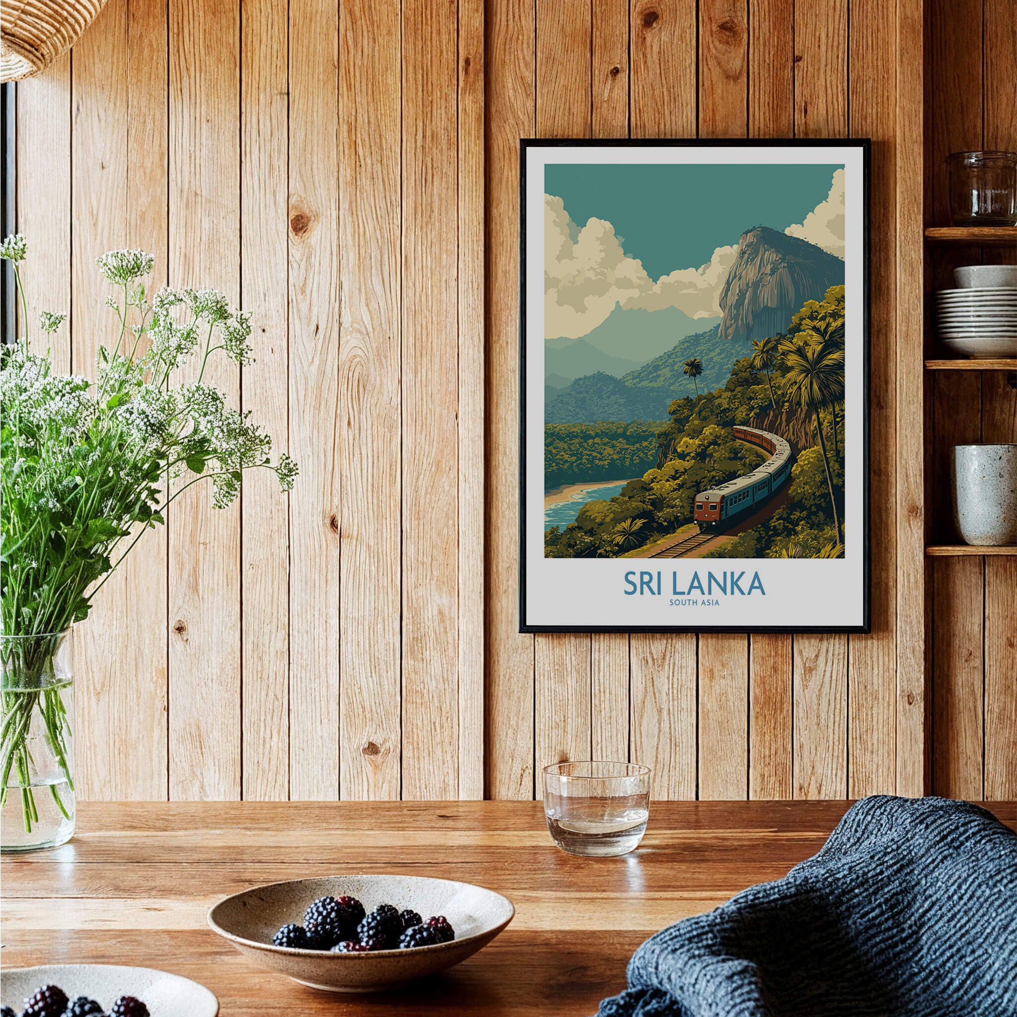 Sri Lanka Canvas Print | Lush Tea Plantation Railway Scene Poster displayed in a cozy setting with wooden decor.