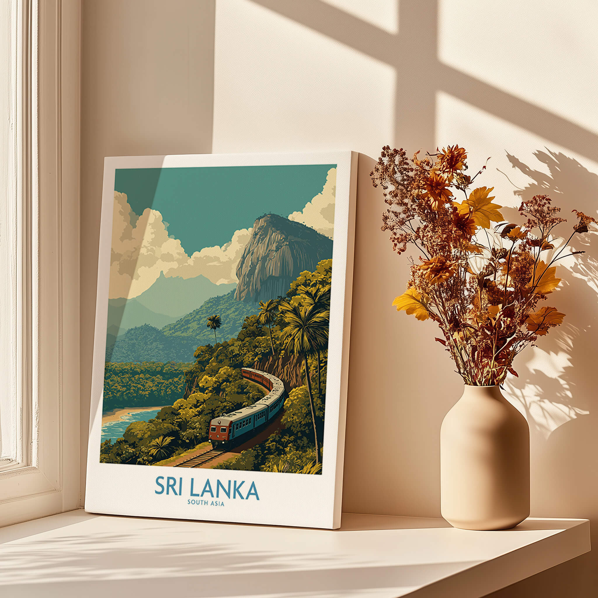 Sri Lanka Canvas Print | Lush Tea Plantation Railway Scene Poster displayed on a windowsill with flowers.