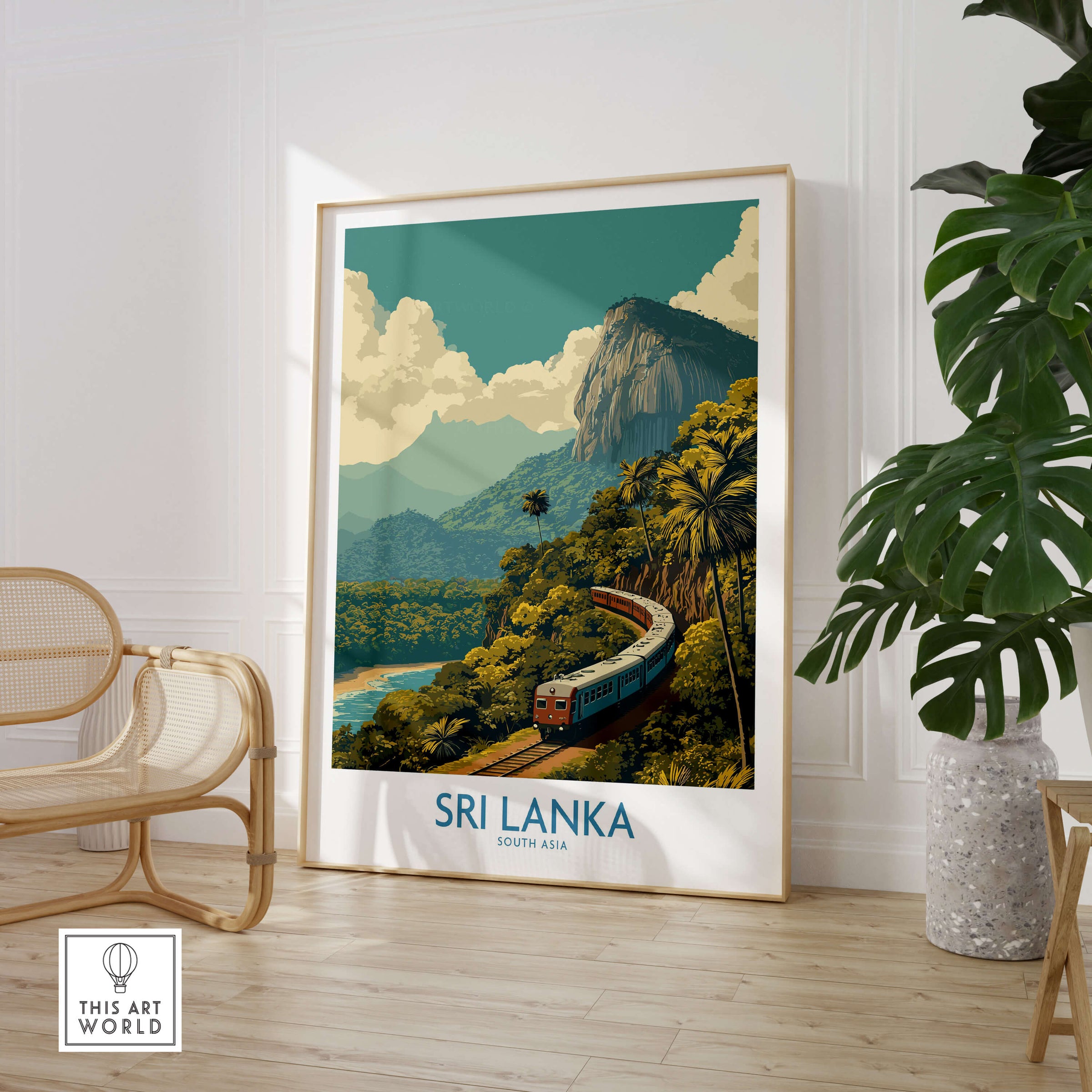 Sri Lanka Canvas Print | Lush Tea Plantation Railway Scene Poster showcasing a train through Sri Lanka's lush landscapes.