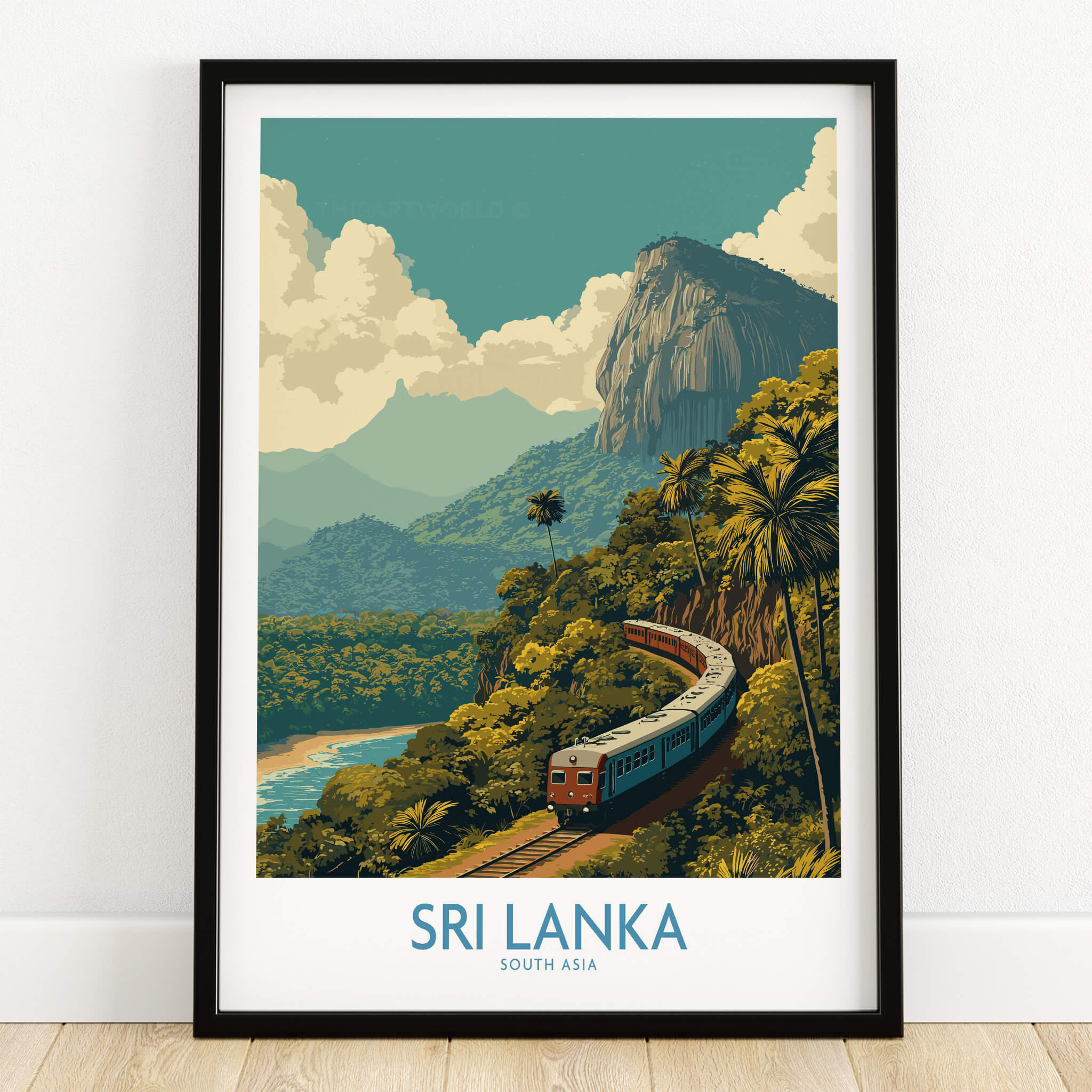 Sri Lanka Canvas Print | Lush Tea Plantation Railway Scene Poster showcasing a train through lush greenery and mountains.