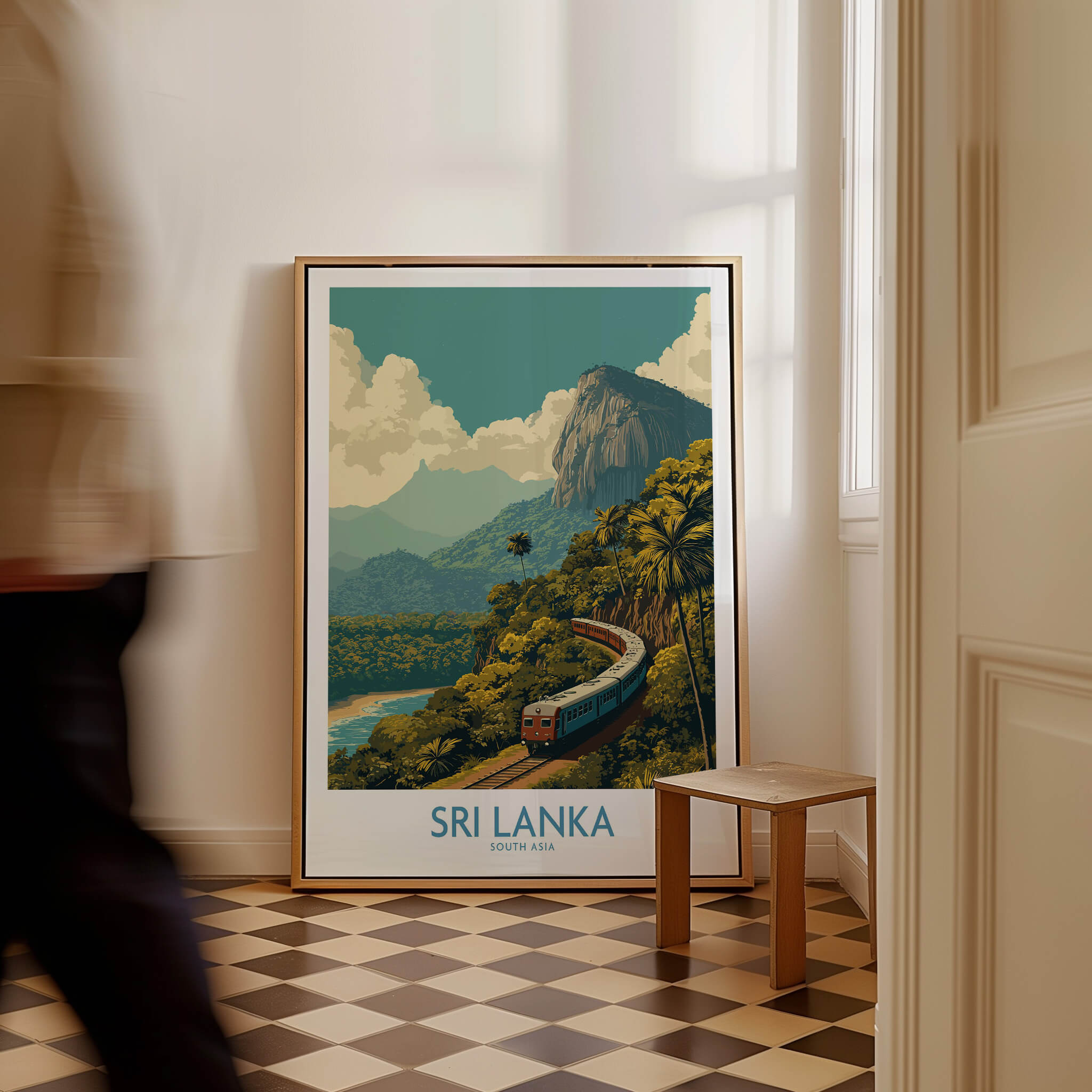 Sri Lanka Canvas Print | Lush Tea Plantation Railway Scene Poster featuring a vintage train in lush greenery.