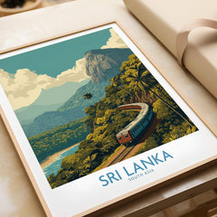 Sri Lanka Canvas Print | Lush Tea Plantation Railway Scene Poster showcasing a vibrant train winding through lush greenery.