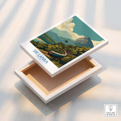 Sri Lanka Canvas Print | Lush Tea Plantation Railway Scene Poster displayed in a white box with an open lid.