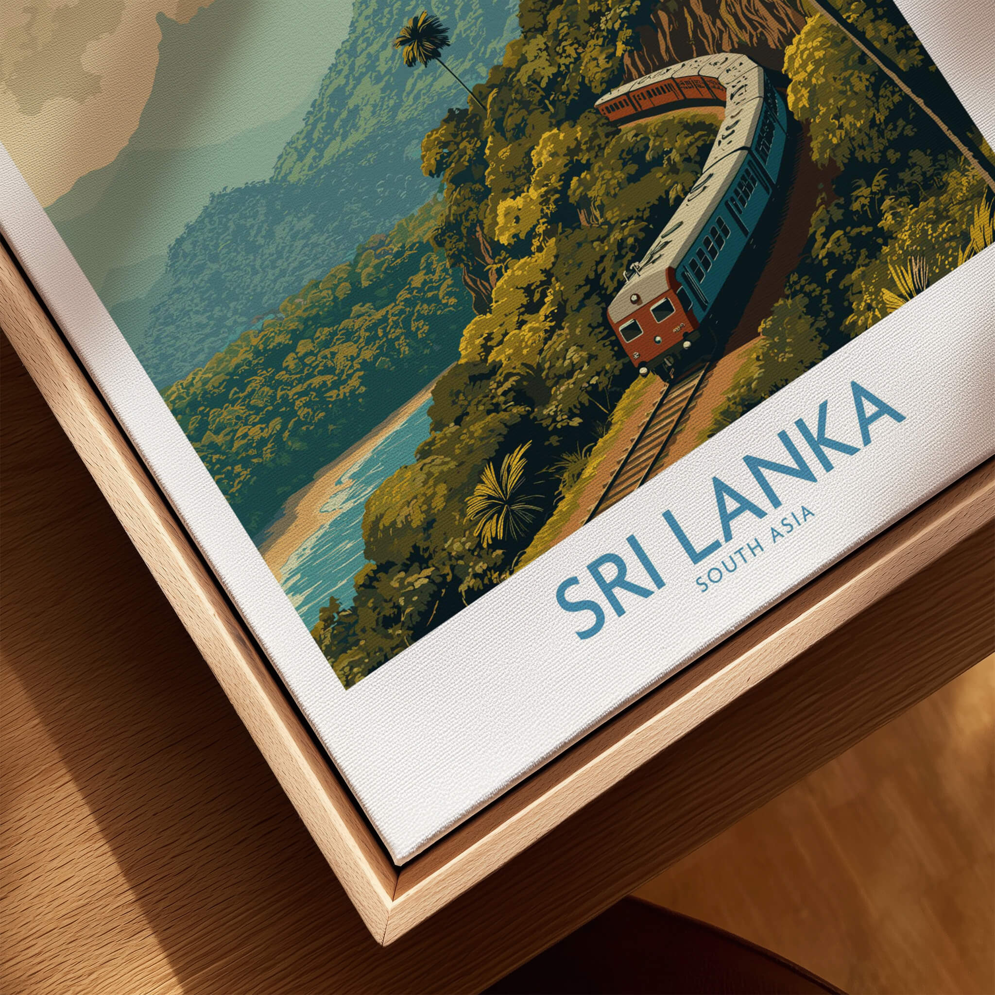 Sri Lanka Canvas Print | Lush Tea Plantation Railway Scene Poster featuring a vintage train winding through lush greenery.