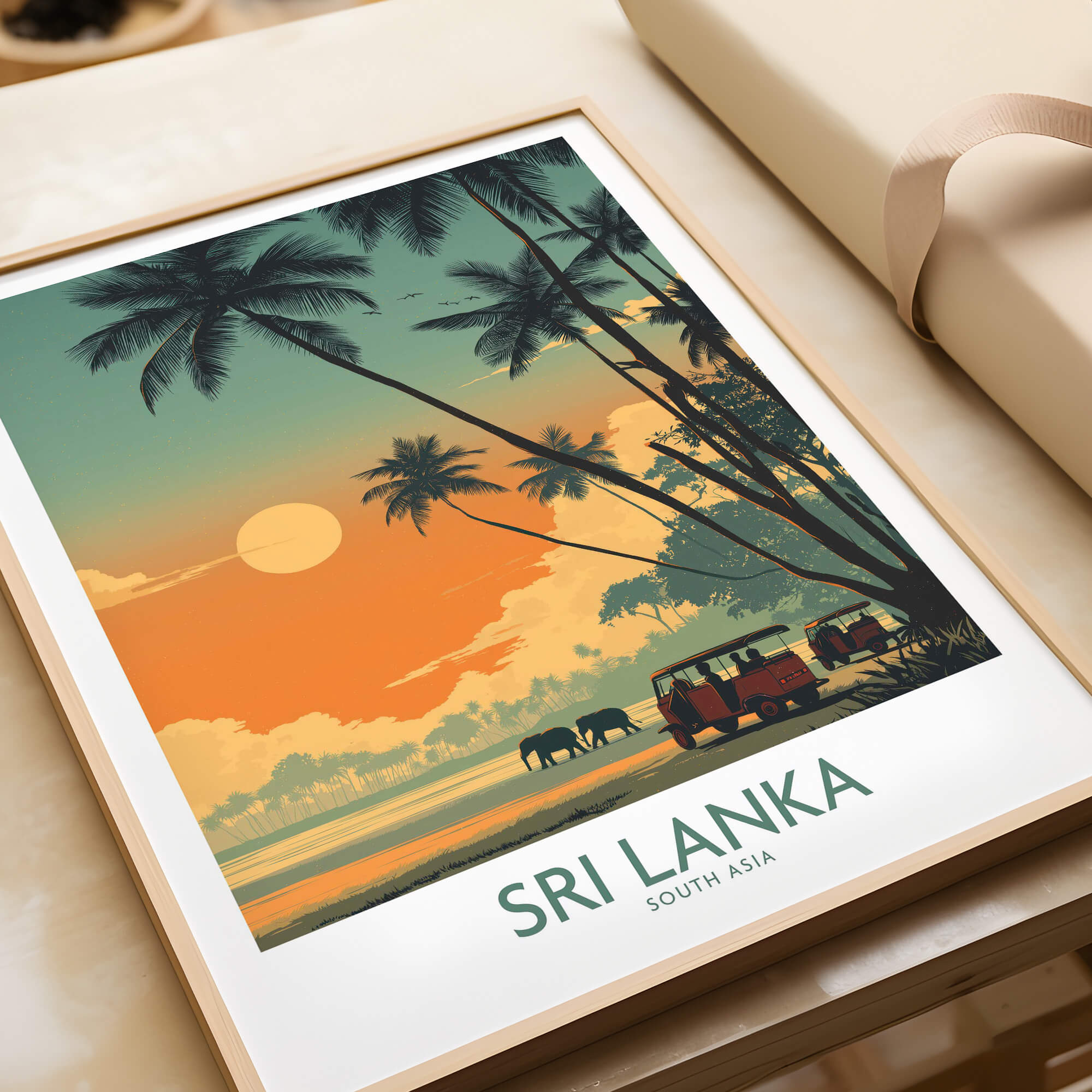 Sri Lanka Poster | Elephant Safari Canvas Print showcasing elephants and a sunset in a tropical landscape.