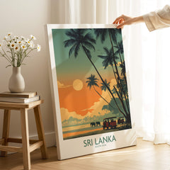 Sri Lanka Poster | Elephant Safari Canvas Print showcasing elephants in a vibrant sunset landscape, ideal for nature lovers.