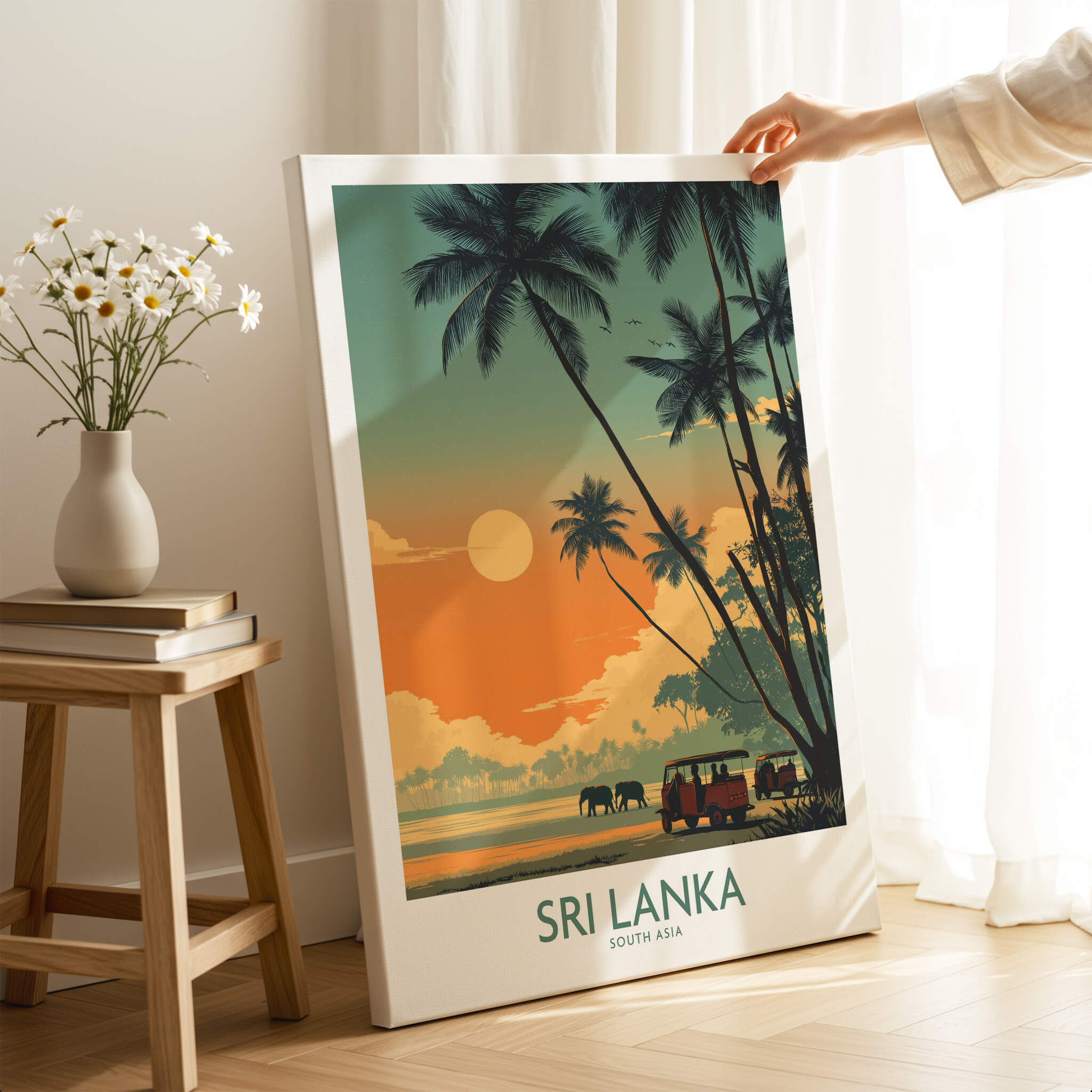 Sri Lanka Poster | Elephant Safari Canvas Print showcasing elephants in a vibrant sunset landscape, ideal for nature lovers.