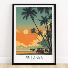 Sri Lanka Poster | Elephant Safari Canvas Print featuring elephants at sunset with palm trees.