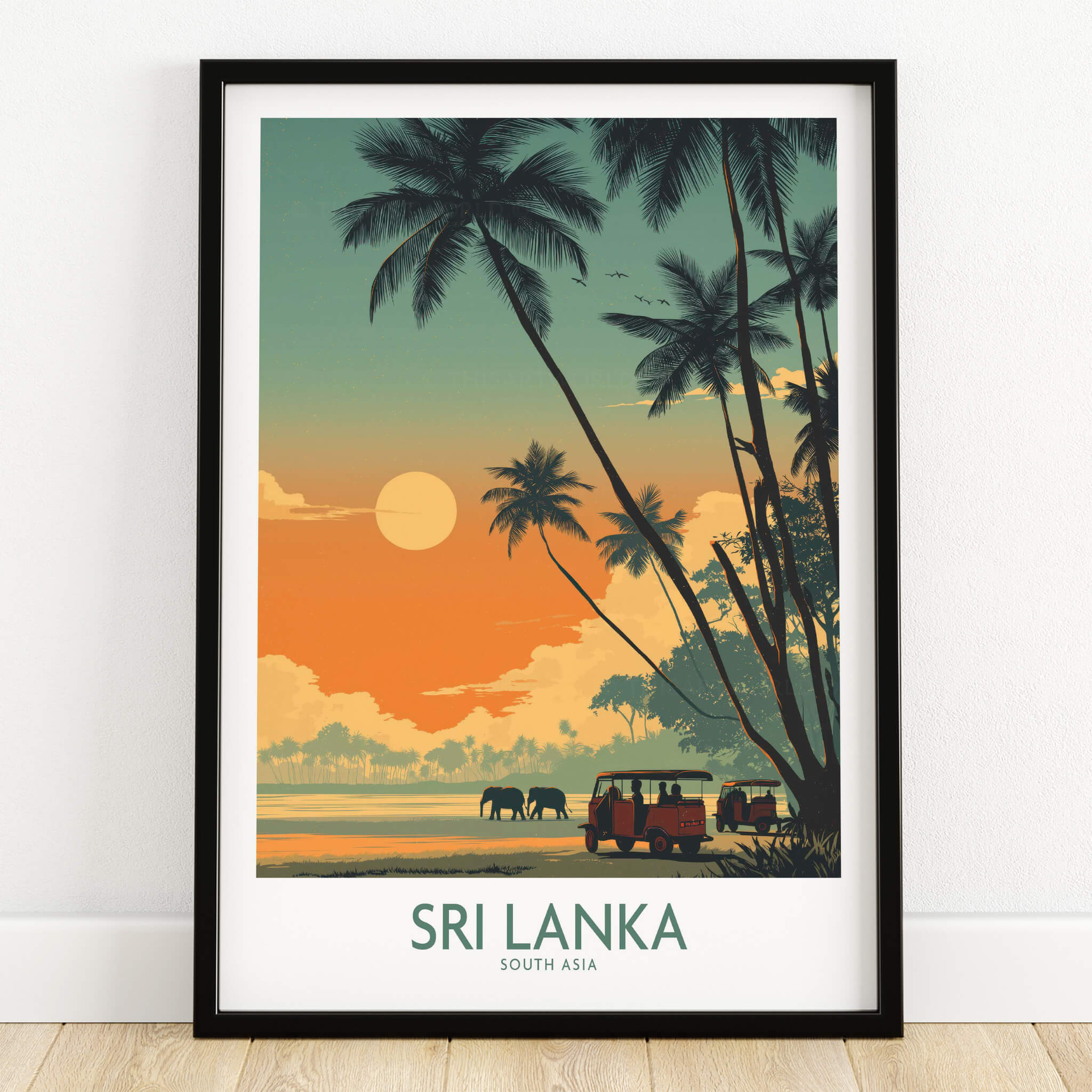 Sri Lanka Poster | Elephant Safari Canvas Print featuring elephants at sunset with palm trees.