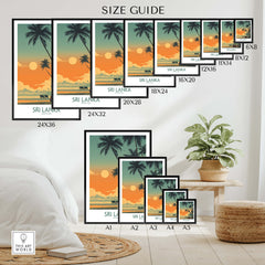 Sri Lanka Poster | Elephant Safari Canvas Print size guide with various dimensions displayed.