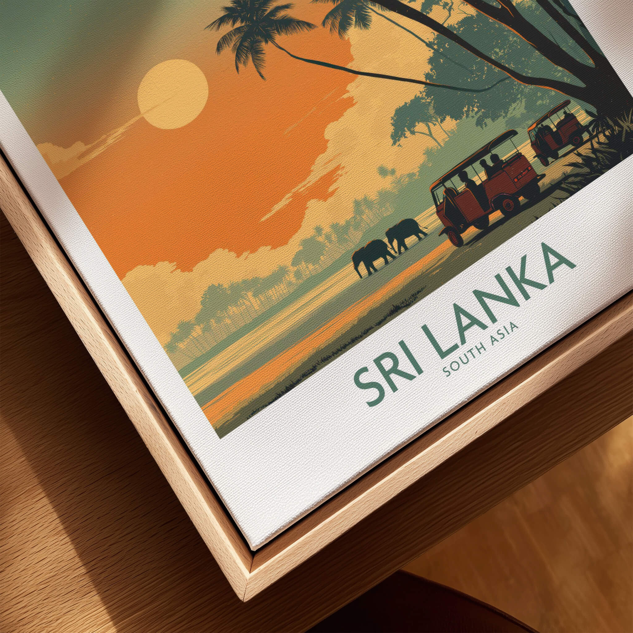 Sri Lanka Poster | Elephant Safari Canvas Print featuring elephants and sunset landscape.