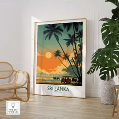 Sri Lanka Poster | Elephant Safari Canvas Print showcasing elephants and palm trees in a vibrant sunset.