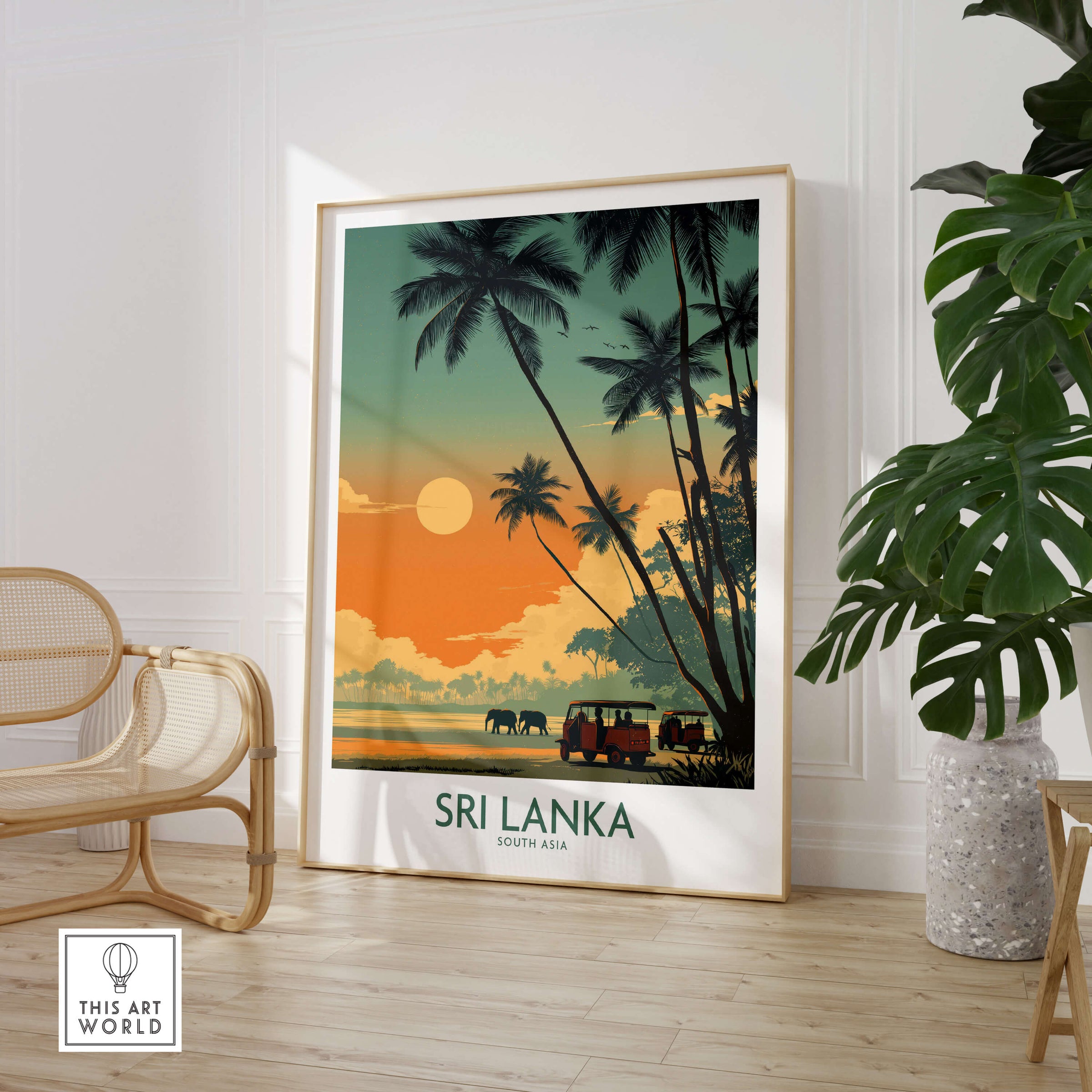 Sri Lanka Poster | Elephant Safari Canvas Print showcasing elephants and palm trees in a vibrant sunset.