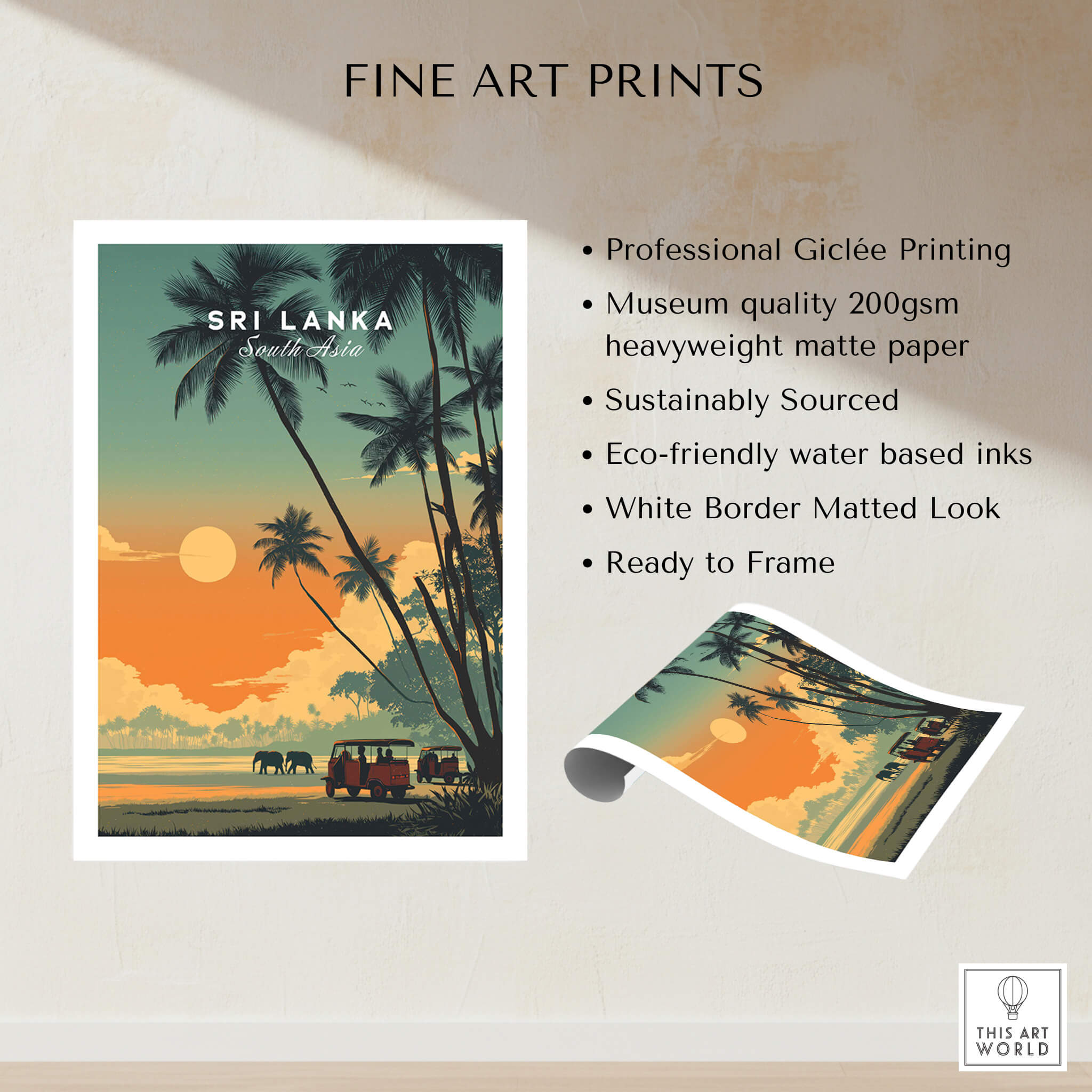 Sri Lanka Wall Art Print | Elephant Safari Sunset Travel Poster featuring stunning wildlife and sunset colors.