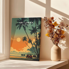 Sri Lanka Wall Art Print | Elephant Safari Sunset Travel Poster featuring elephants and sunset over palm trees.