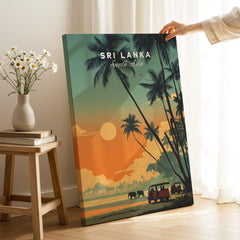 Sri Lanka Wall Art Print | Elephant Safari Sunset Travel Poster featuring elephants and a setting sun.