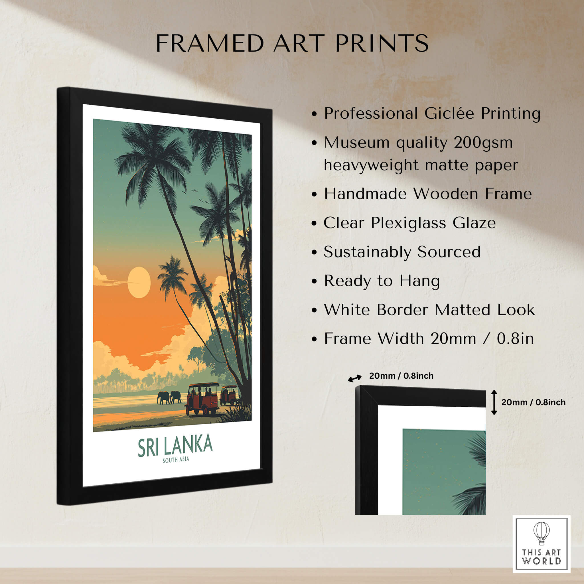 Sri Lanka Poster | Elephant Safari Canvas Print framed art print with tropical landscape and vintage design.