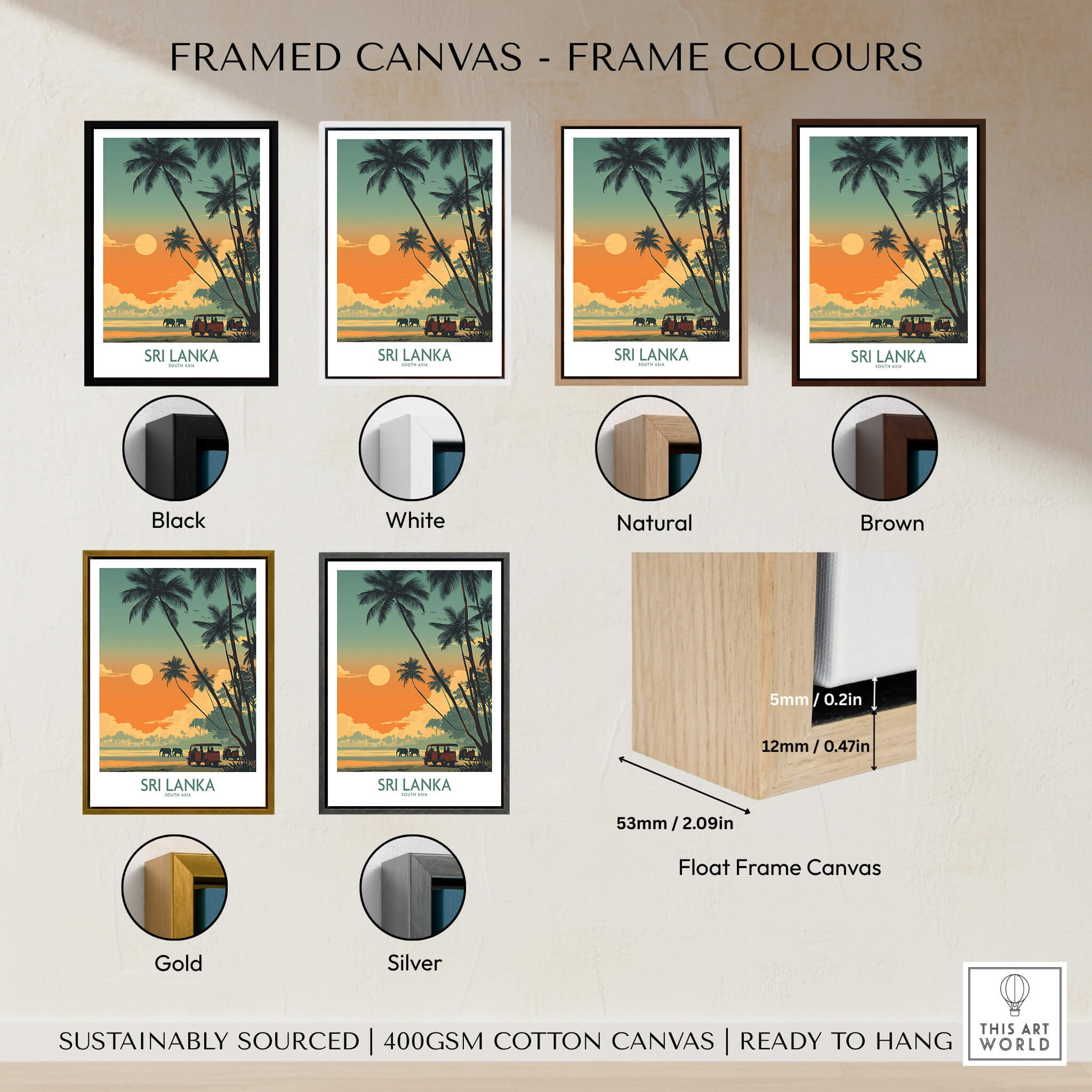 Sri Lanka Poster | Elephant Safari Canvas Print framed in various colors including black, white, natural, brown, gold, and silver.