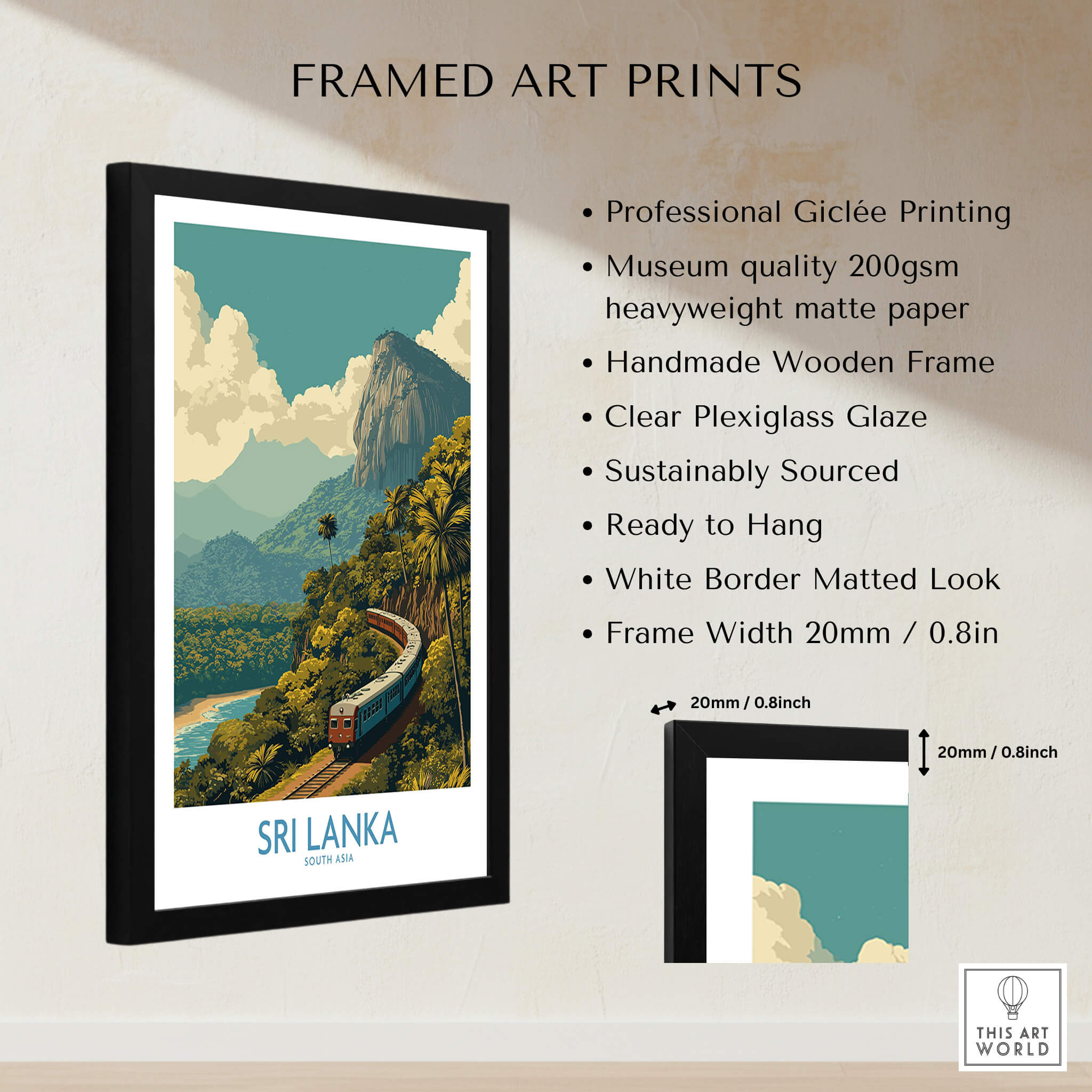 Sri Lanka Canvas Print | Lush Tea Plantation Railway Scene Poster framed art print showing vibrant landscape.
