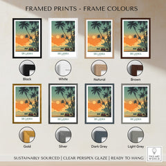 Sri Lanka Poster | Elephant Safari Canvas Print framed in various colors such as black, white, natural, brown, gold, silver, dark grey, light grey.