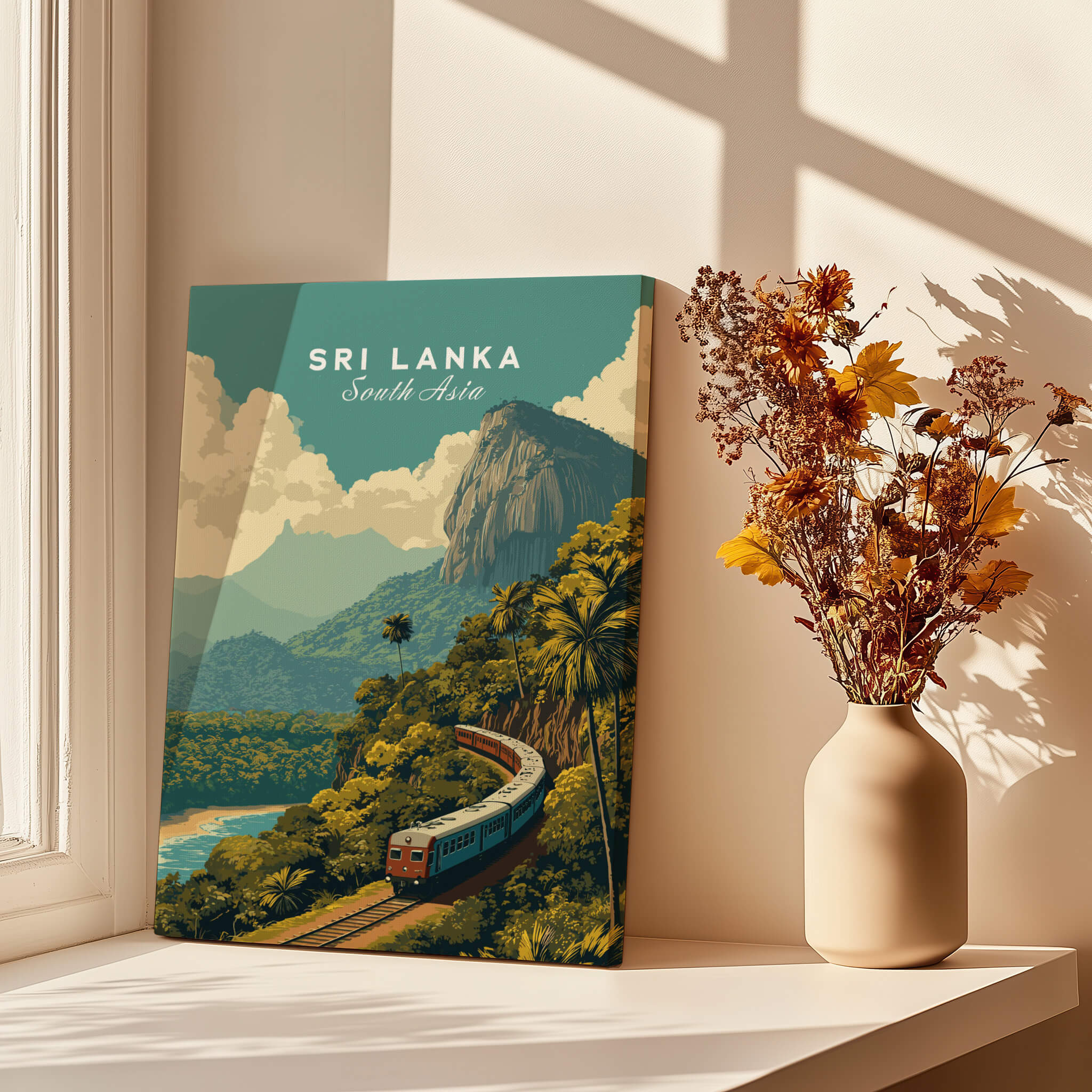 Sri Lanka Travel Poster | Scenic Hill Country Train Wall Art Print featuring a train traveling through lush mountains.