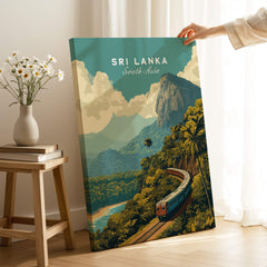 Sri Lanka Travel Poster | Scenic Hill Country Train Wall Art Print, featuring a train amidst lush mountains and tea plantations.