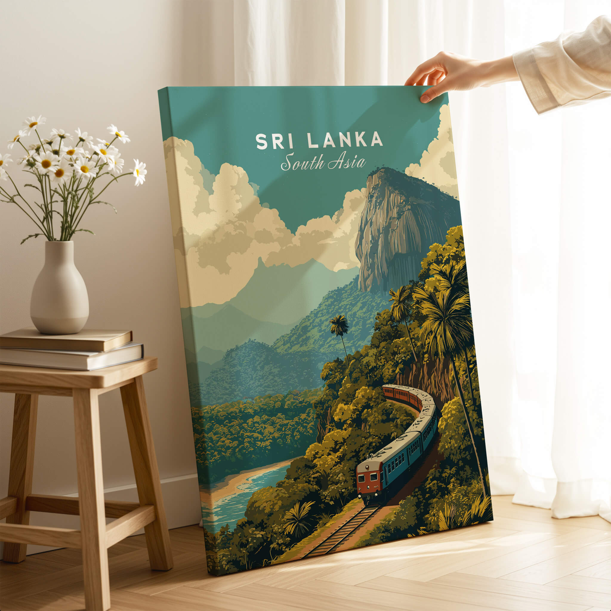 Sri Lanka Travel Poster | Scenic Hill Country Train Wall Art Print, featuring a train amidst lush mountains and tea plantations.