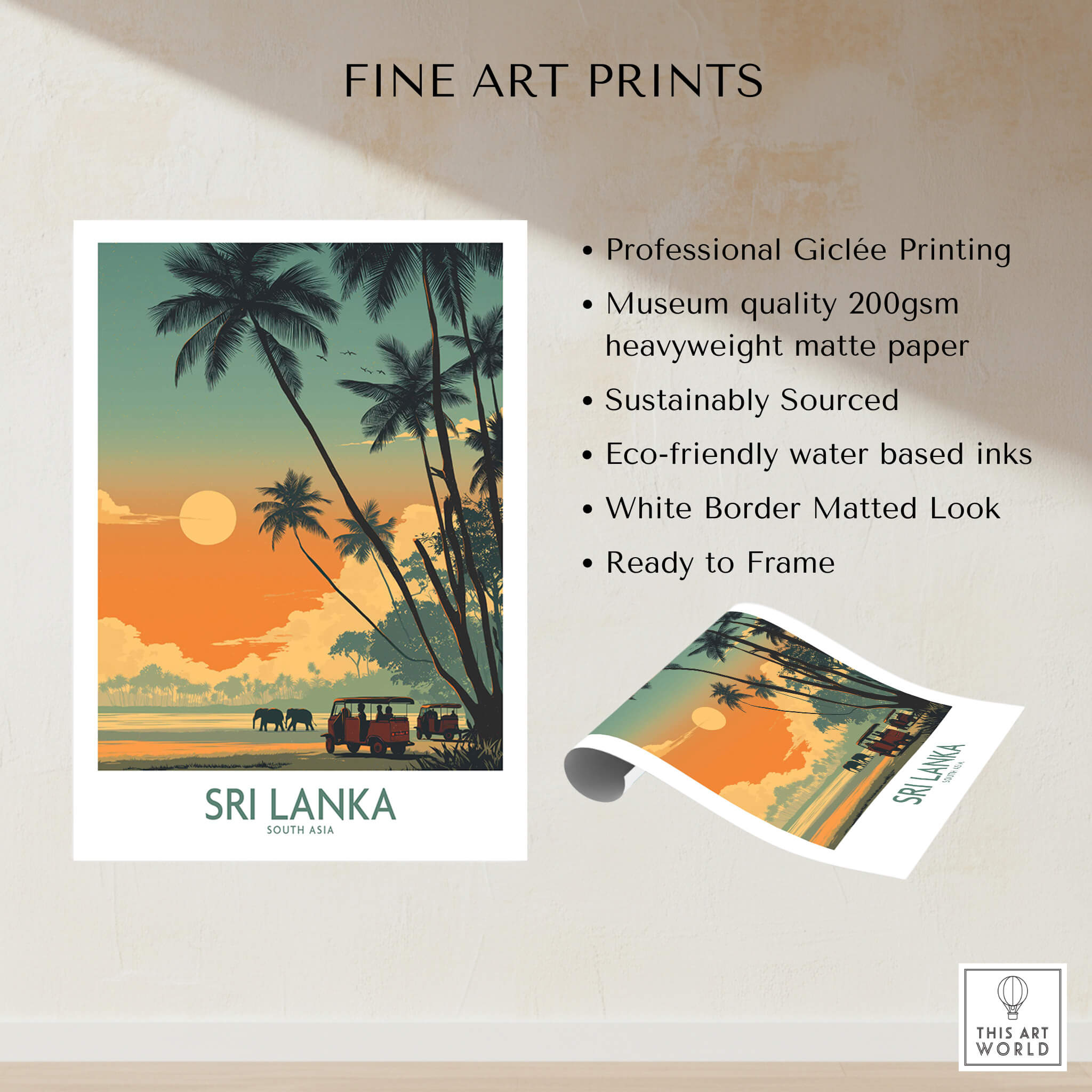 Sri Lanka Poster | Elephant Safari Canvas Print featuring vibrant sunset and palm trees.