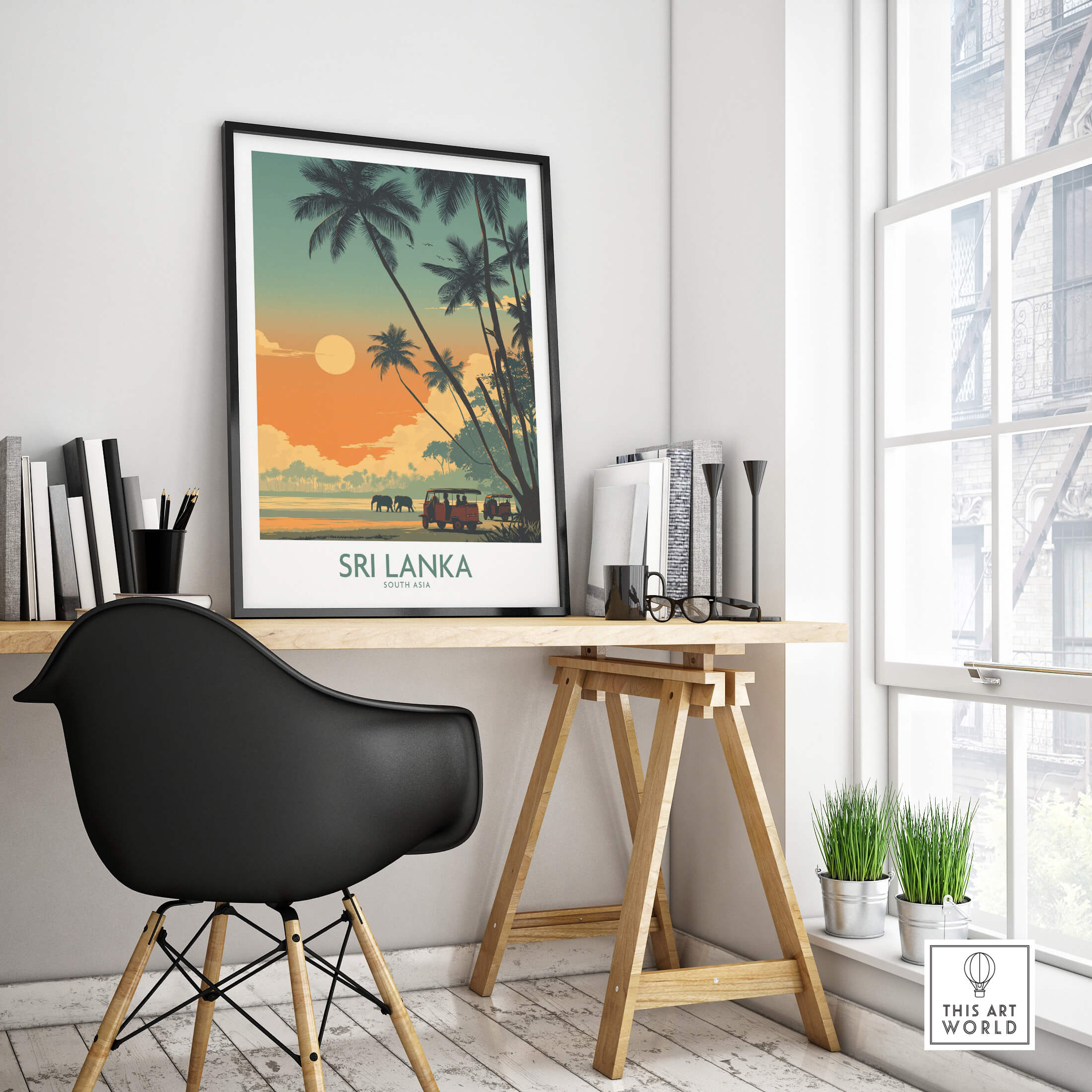 Sri Lanka Poster | Elephant Safari Canvas Print displayed in a modern workspace with a stylish black chair.