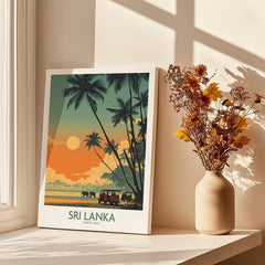 Sri Lanka Poster | Elephant Safari Canvas Print displayed in a sunlit room with decorative flowers.