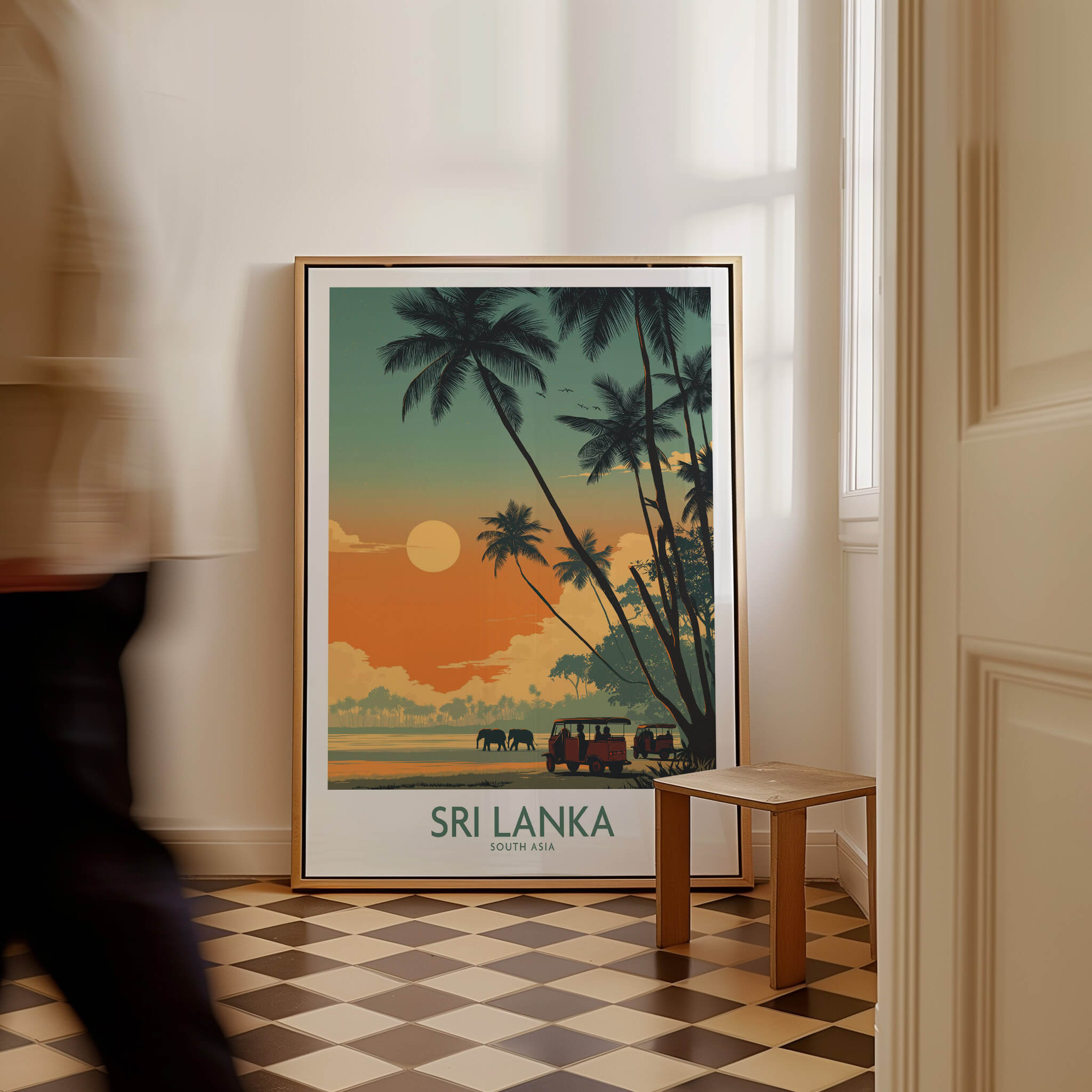 Sri Lanka Poster | Elephant Safari Canvas Print featuring a beautiful sunset and palm trees.