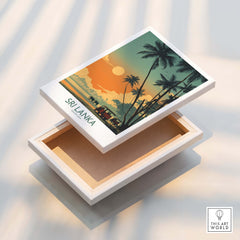 Sri Lanka Poster | Elephant Safari Canvas Print showcasing a vibrant sunset over palm trees and ocean.