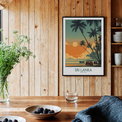 Sri Lanka Poster | Elephant Safari Canvas Print displayed in rustic interior with wood panel walls.
