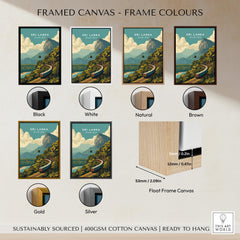 Framed canvas options for Sri Lanka Travel Poster | Scenic Hill Country Train Wall Art Print in various colors.